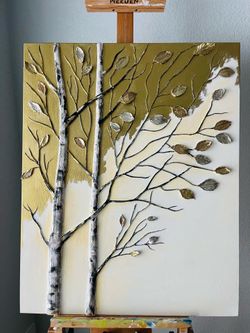 Handmade 3D Textured Birch Tree Painting – Modern Gold Neutral Wall Art