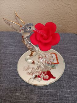 Glass Hummingbird and Rose Figurine