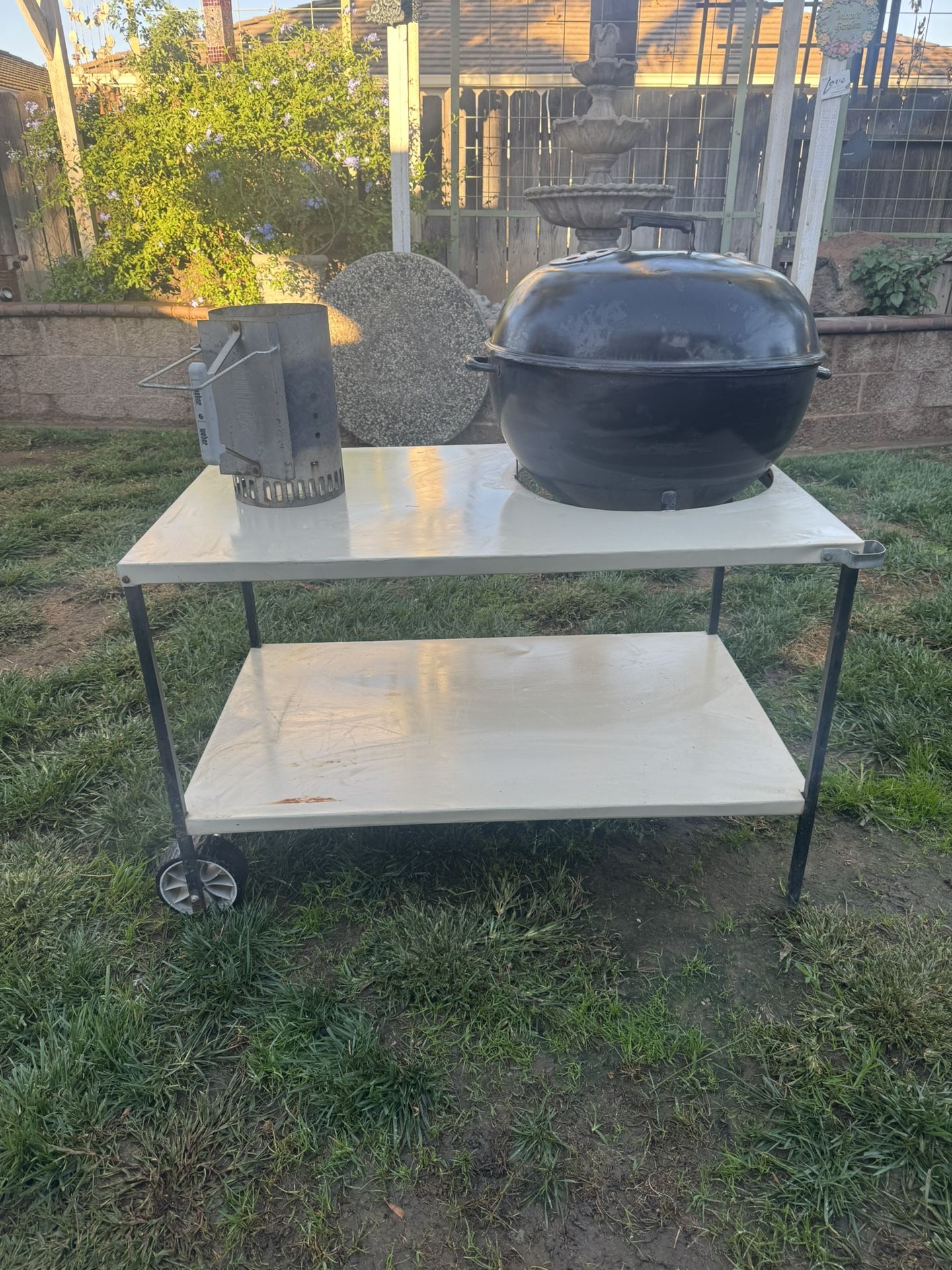 Weber Grill with cart/ Cover and cast iron crate