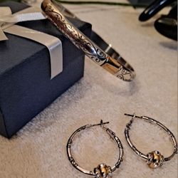 Brighton Venezia Two Toned Silver & Gold Bangle with Matching Earrings