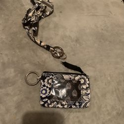 Used Vera Bradley Blue Black White Floral Zip Id With Lanyard 