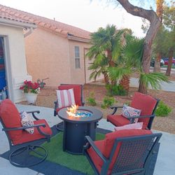 Patio Set Fire Pit And 4 Rocking Chairs With Cushions 