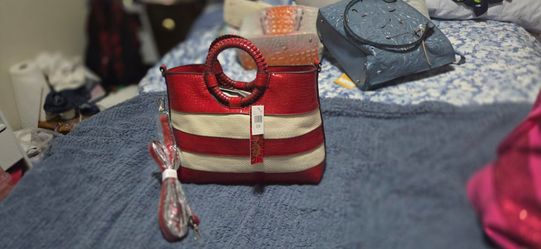Carlos Santana Red and Cream Striped Croc-Embossed Tote Bag