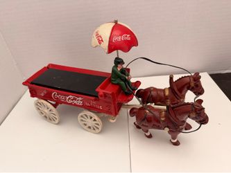 Vintage Cast Iron Coca-Cola Horse Drawn Wagon with Umbrella