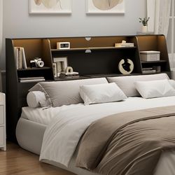 King Size Headboard Only for Bed, Wood Bookcase Headboard with Charging Station & 2 LED Lights