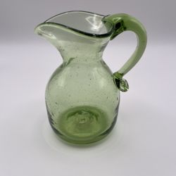 Vintage Hand Blown Green Art Glass Pitcher 5” In Height