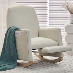 Cotton Linen Rocking Chair Adjustable Footrest, Wooden Legs 300 LBS Capacity