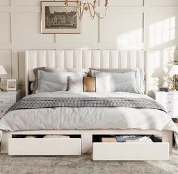 King Size Bed Frame, Velvet Upholstered Bed Frame with Wingback Headboard, 2 Storage Drawers, No Box Spring Needed, White