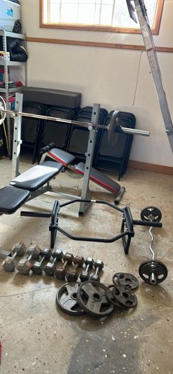 Complete Home Gym – Squat Rack, Bench, Olympic Bar & Cast Iron Weights – $500