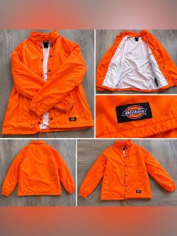 Bright neon orange Dickies lightweight coach jacket with snap-button front closure and soft inner lining.