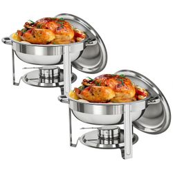 Upgraded 5 Qt Full Size Stainless Steel Chafing Dish Set of 2 Pack Round Chafer Buffet Catering Warmer Set w/Food and Water Pan, Lid, Solid Stand and