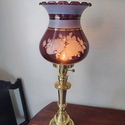 Antique Brass Amethyst Etched Glass Hurricane Lamp 