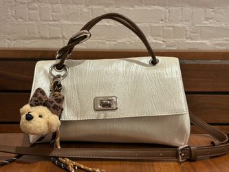 Women’s Ivory Satchel Top Handle Zip/Buckle, Detachable Strap Bear Charm
