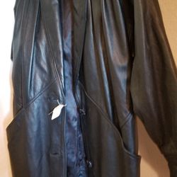 Women's Long Black Leather Coat NEW