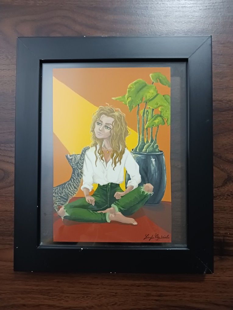 Hand Painted Serene Moment Of Woman With Cat And Plant