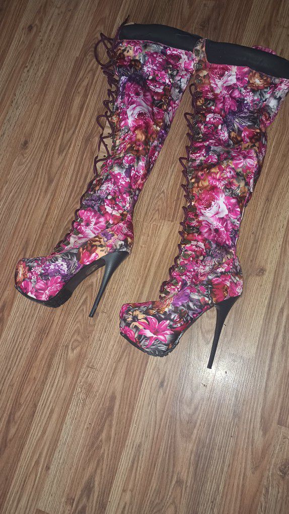 JLO9 Floral Thigh High Stiletto Boots 