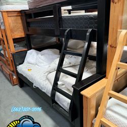 Individual Over Full Size Bunk Bed Black Pine Wood With Mattresses 