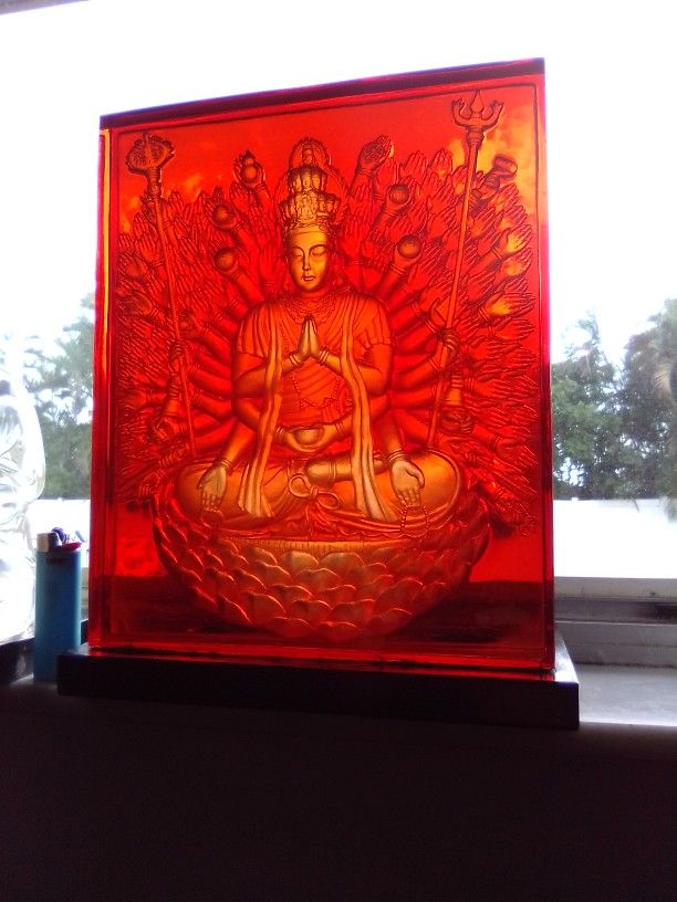 VERY RARE 1000 Arms Buddha, Bodhisattva, Red Amber  Lucite Statue/Candleabra
