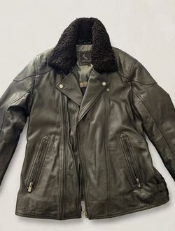 Bod & Christensen Men’s Black Leather Moto Jacket with Removable Fur Collar - Size M
