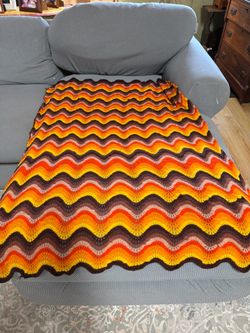 Vintage Handmade Crochet Afghan Blanket – Fall Colors, chevron Ripple Pattern