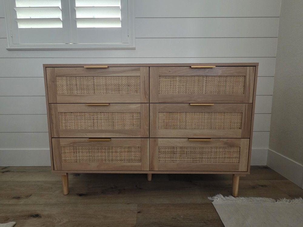 6 Drawer Rattan Dresser for Bedroom, Wooden Dresser Chest of Drawers, Storage Organizer for Closet, Beside Table for Living Room, Entryway