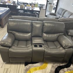 Fourth of July sale. Madrid, gray leather reclining sofa and loveseat set now $1199. Easy finance option. Same-day delivery.