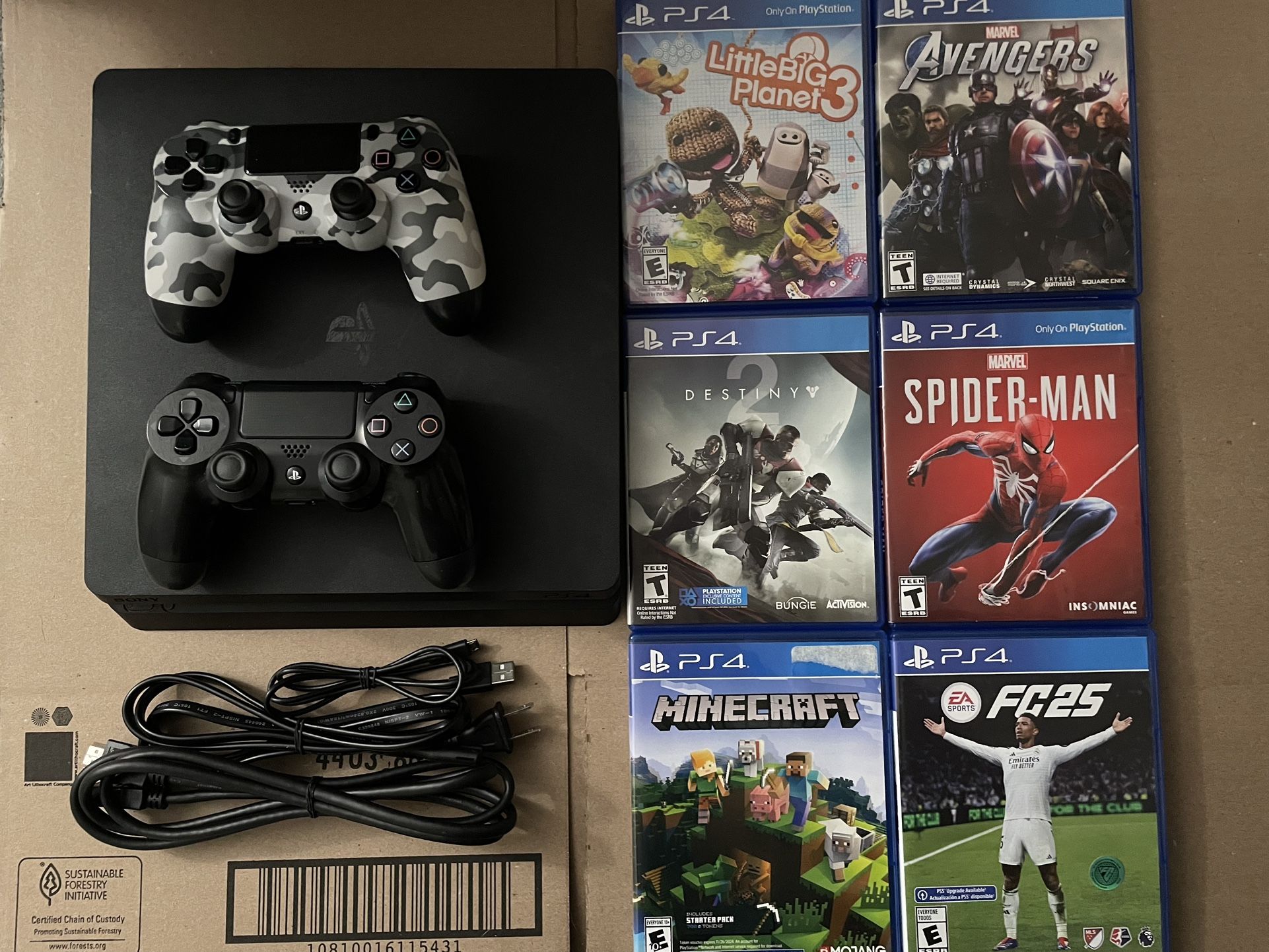 Sony PlayStation 4 Slim (PS4 Slim) 1TB W/ 2 Controllers, 7 Games & Cables $200 OBO