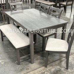 New! 6-Pcs dining Set, Dinette Set, Table And Chairs, Bench, Dining Table, Rectangular Table, Wooden Table, Grey Dining Set, Casual Dining Room Set