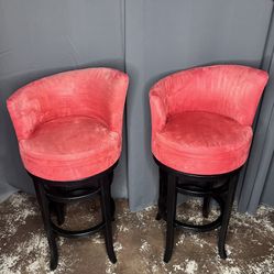 Pair of Refurbished Red Upholstered Curved-Back Swivel Bar Stools.