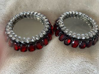 Set of 2 Round Rhinestone Embellished Mirror Trays