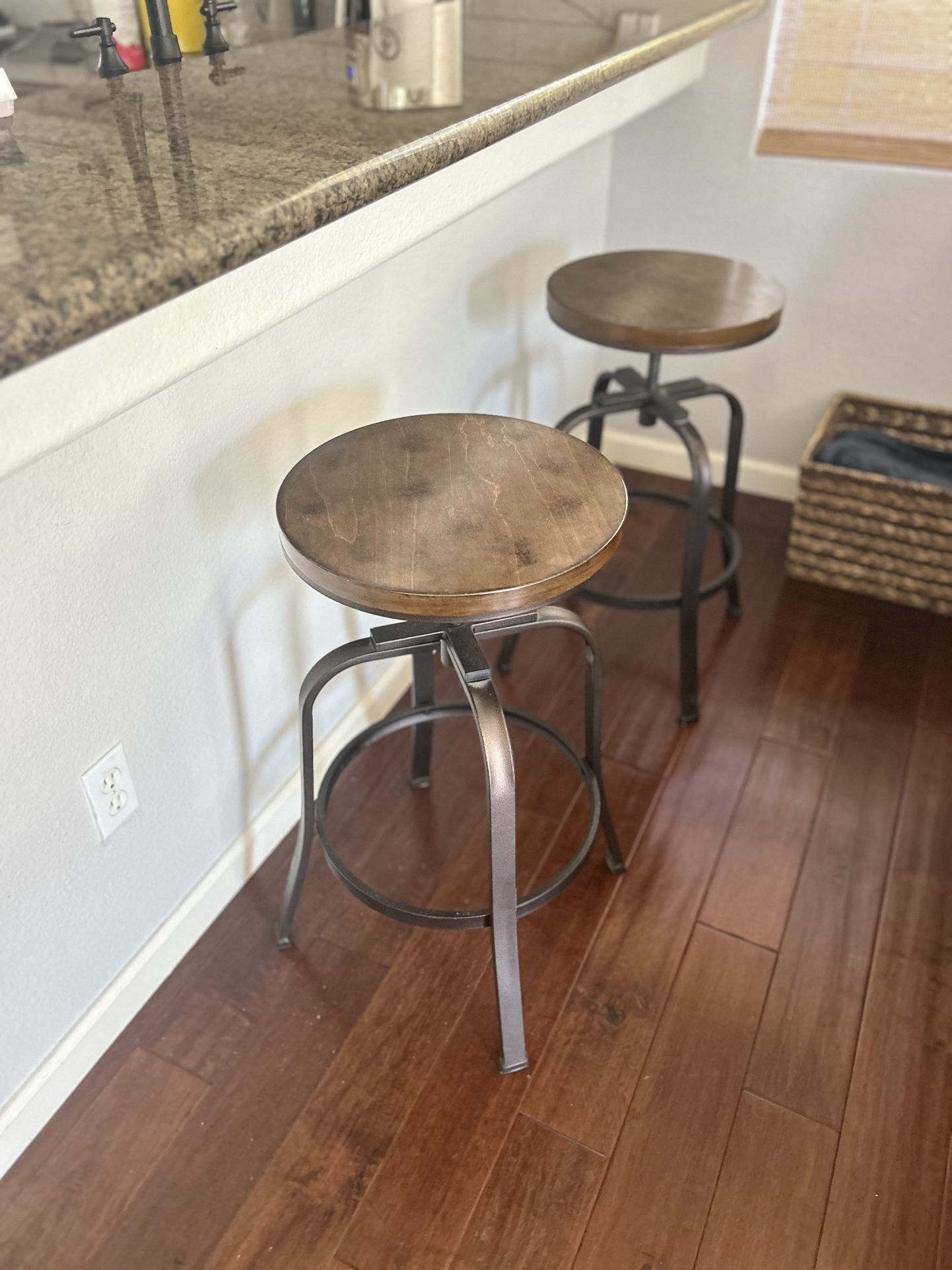 Set of (2) quality bar stools… adjustable wood seats w/ hammered aluminum frames