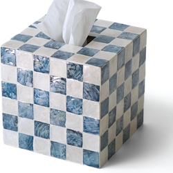 5.7" Square Tissue Box Cover, Handmade Checkered Cube Tissue Box Cover with Capiz Shells, Decorative Tissue Holder for Living Room, Bathroom, Bedroom 