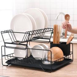 DRMEE Dish Drying Rack Organization 2 Layer Dish Drainer Rack with Plate Drainer and Drip Tray and Cutlery Basket Metal Wires Space Saver Flatware Cad