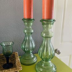 Two Large Blown Glass Candle Holders 