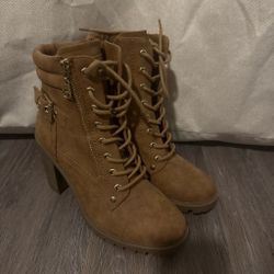 Tan Lace-Up Heeled Combat Boots