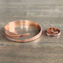 Pure Copper Feather Jewelry Set – Adjustable Bracelet & Ring, Nature Inspired, Handcrafted Copper Cuff and Matching Ring

If you’re looking for a uniq