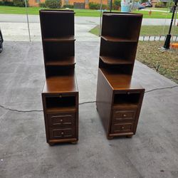 SET OF 2 Solid Wood End Table with Drawers and Reversible Corner Shelves, Tall Narrow Side and pull out tray Walnut BRAND NEW in boxes read descriptio