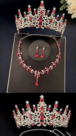 Quinceañera’s Red Bridal Crown Set, Crystal Bridal Tiara, Baroque Red Necklace Earrings Set, Wedding