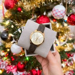 Michael Kors MK2862 Gold Tone Logo Dial Brown Leather Strap Women's Watch