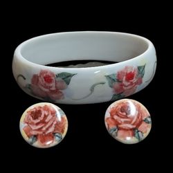 Vintage Ceramic Rose Bracelet & Earrings Set 
