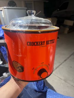 Vintage 70s Orange Stoneware Crock Pot Slow Cooker Crockery Kettle & Lid