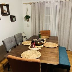 Bettie 6 Piece Walnut & Multicolor Upholstered Extendable Dining Set with Bench