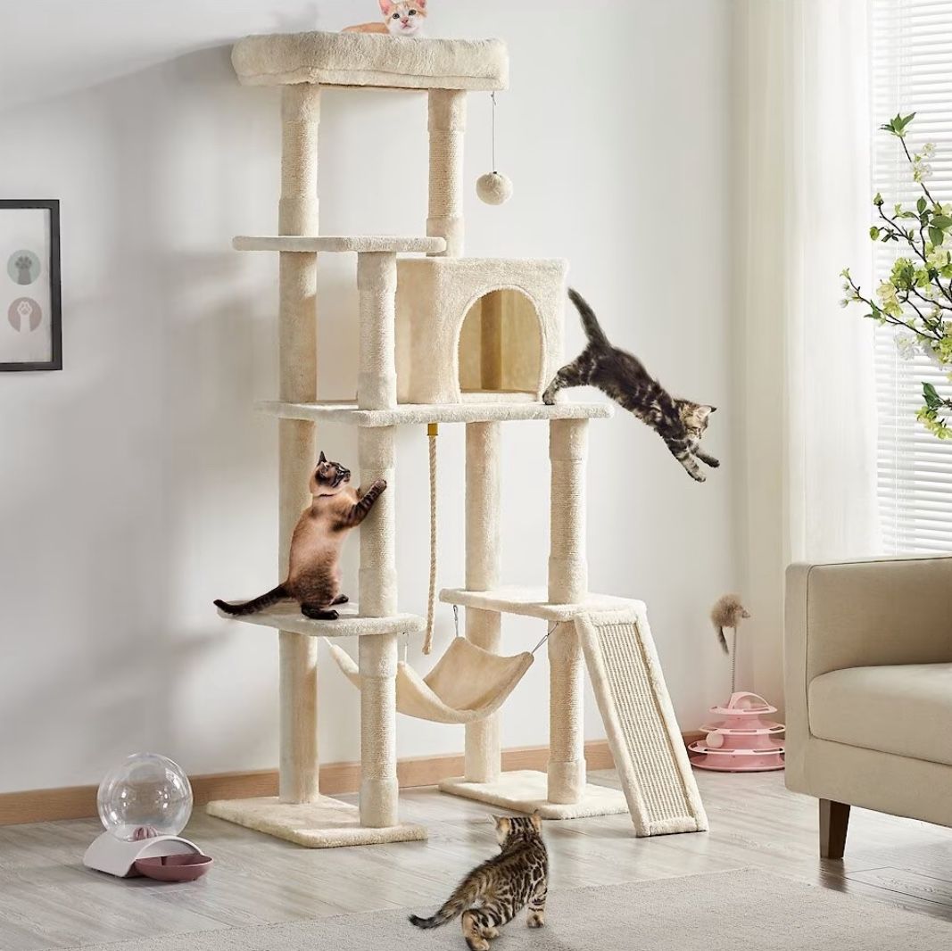 Multi-Level 63-in Plush Cat Tree, Beige