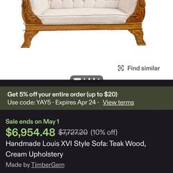 Handmade Louis XVI Style Sofa: Teak Wood, Cream Upholstery