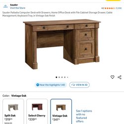 Sauder Palladia Computer Desk with Drawers, Home Office Desk with File Cabinet Storage Drawer, Cable Management, Keyboard Tray, in Vintage Oak finish