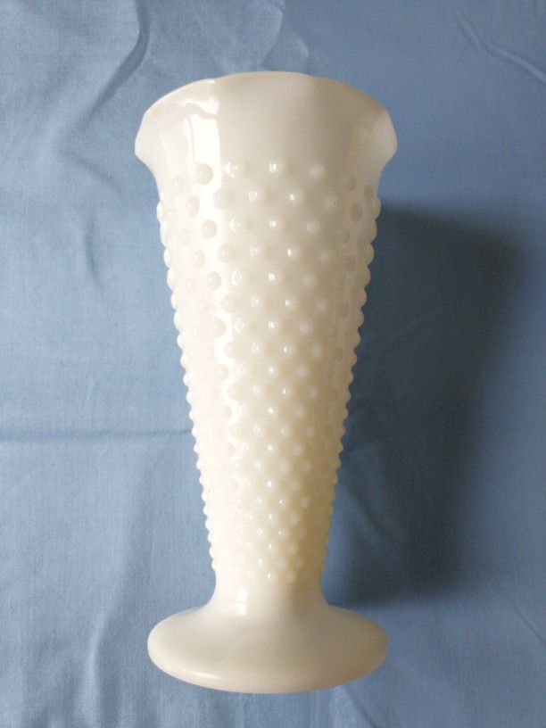 Milk Glass hobnail pedestal vase 9.5” H 5” diameter