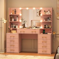 55 in Glass Top Vanity Desk with Mirror and Lights, Large Vanity Makeup Mirror Desk with Charging Station Compartment Storage Drawers, Modern Makeup V