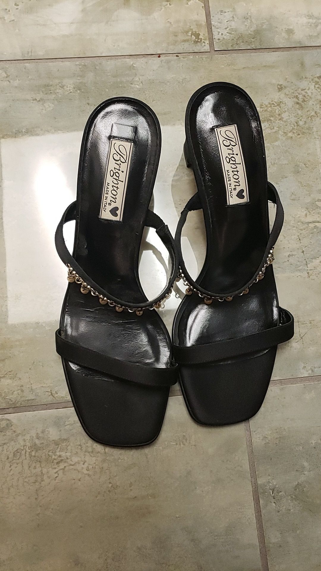 Brighton made in Italy genuine leather size 10 m black high-heeled slip-on sandals accented with silver and pearlish beads dangling designer