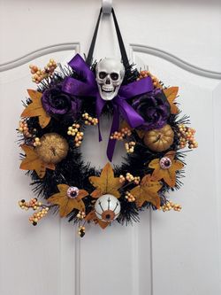 Halloween Black Wreath with Purple lights and artificial Skull, Leaves, Pumpkin and Rose