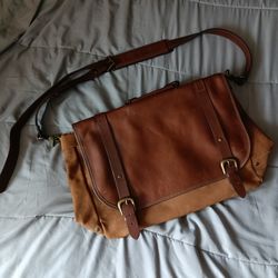 Genuine natural brown leather satchel shoulder bag vintage